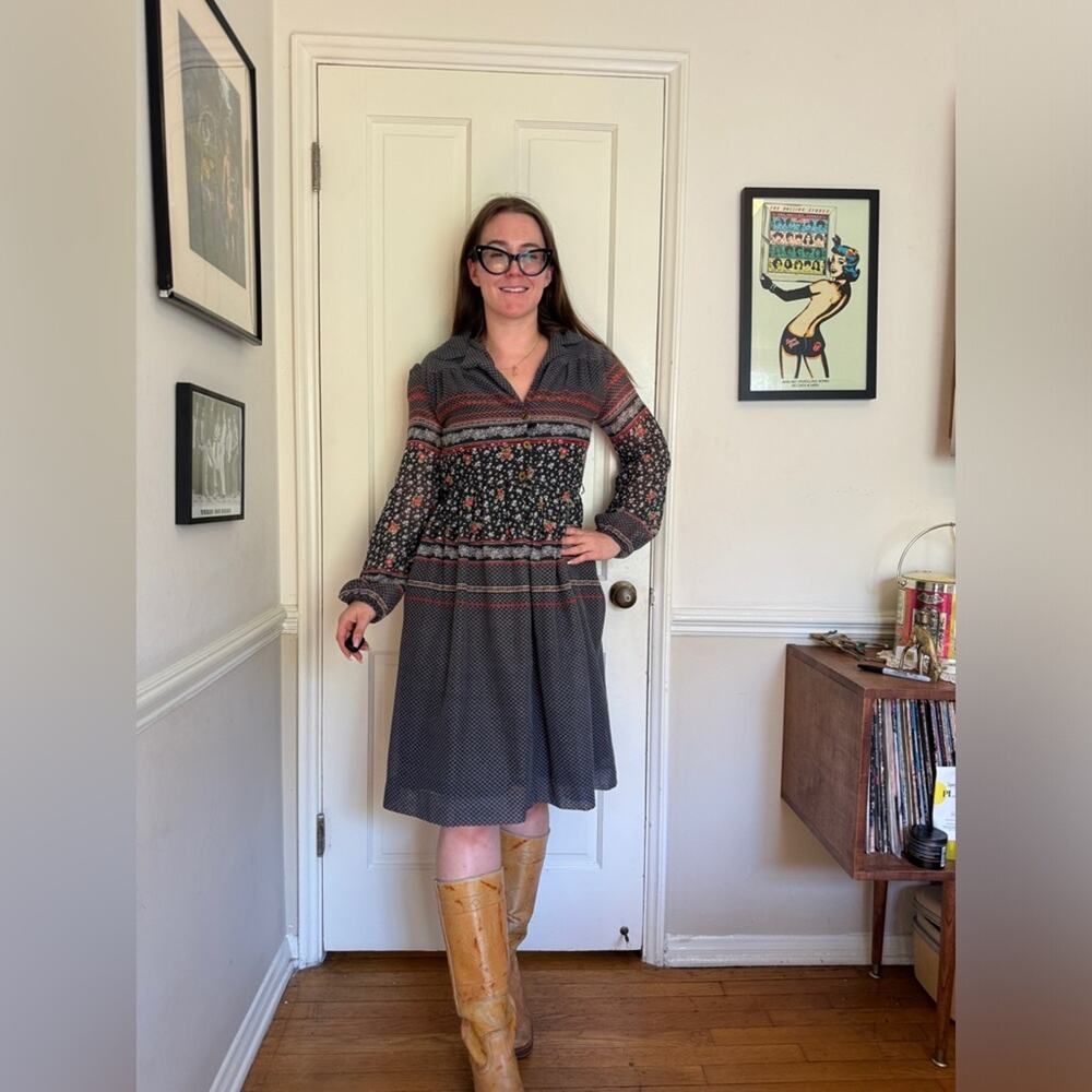 70s Vintage Black Floral Shirtwaist Prairie Dress